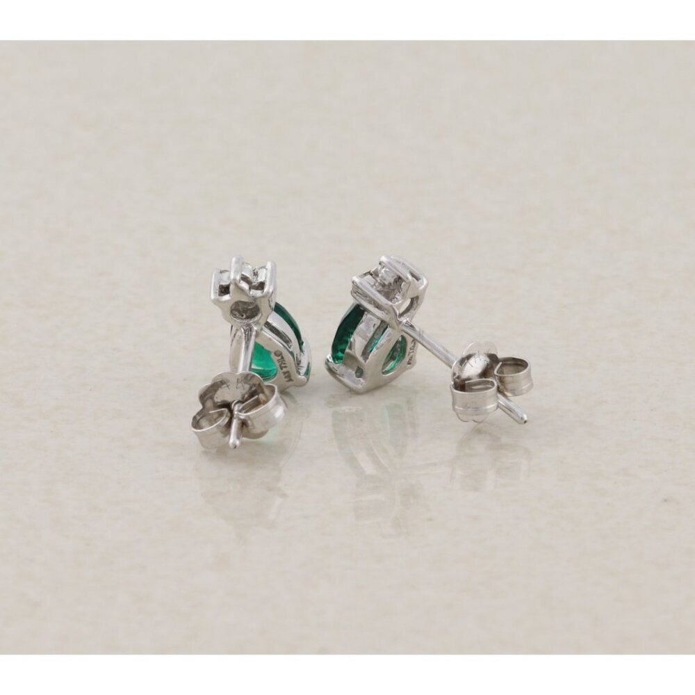 14k White Gold Lab Created Emerald & Diamond Earrings Stud Post Earrings 3/8" - Picture 5 of 9